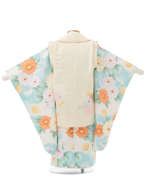 七五三レンタル(3歳女児被布)S237 薄黄 × 水色 市松 菊