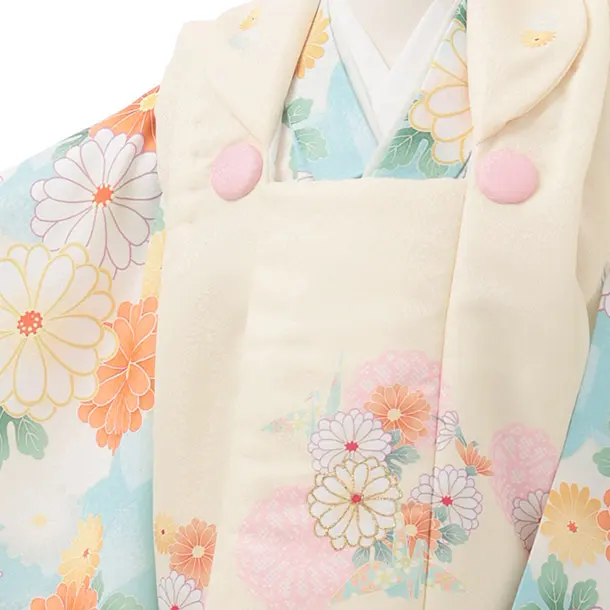 七五三レンタル(3歳女児被布)S237 薄黄 × 水色 市松 菊