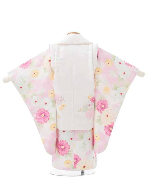 七五三レンタル(3歳女児被布)S238 オフホワイト × ピンク 市松 菊