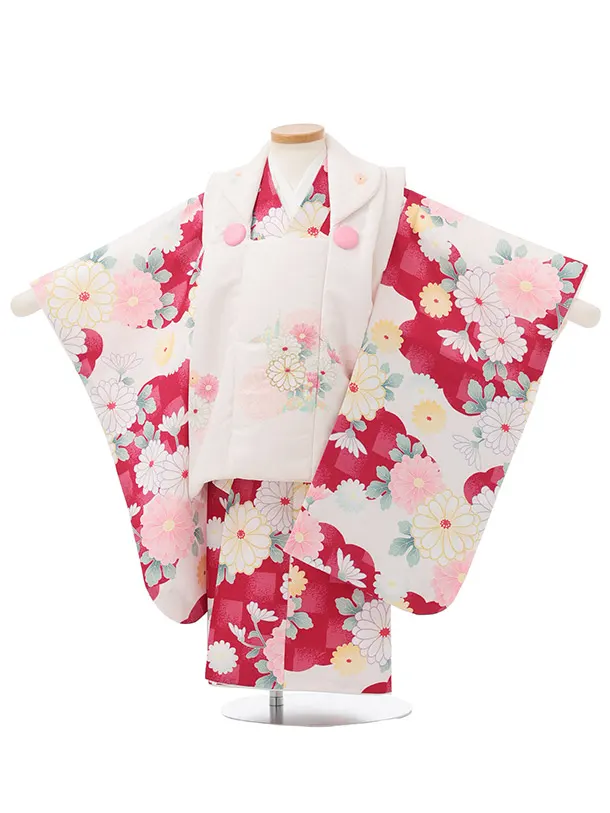 七五三レンタル(3歳女児被布)S239 白 × 紅色 市松 菊