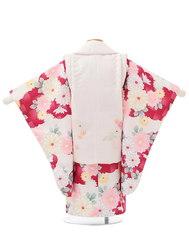 七五三レンタル(3歳女児被布)S239 白 × 紅色 市松 菊