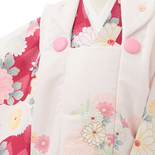 七五三レンタル(3歳女児被布)S239 白 × 紅色 市松 菊