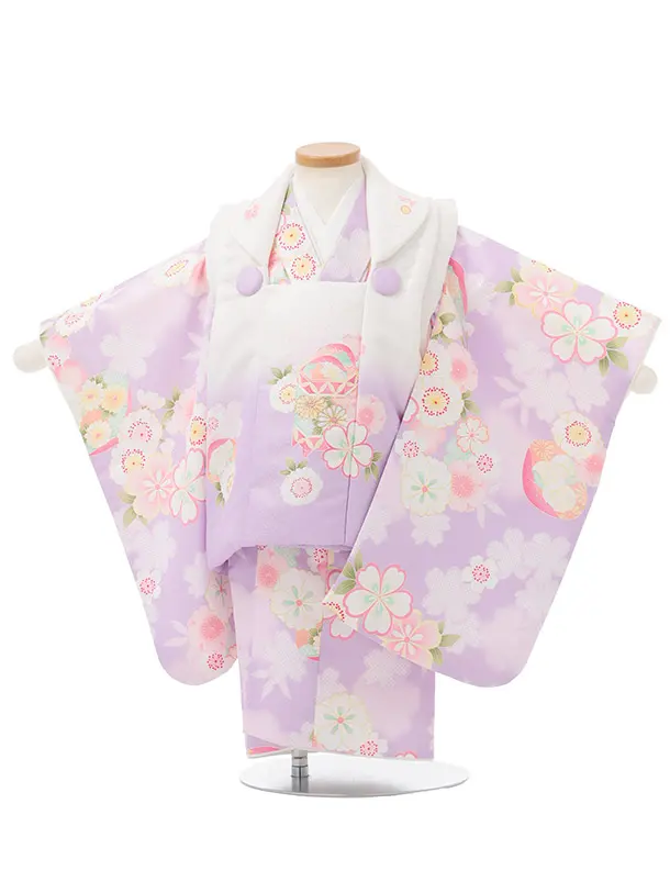 七五三レンタル(2歳女被布)S242 白ぼかし パープル × 桜