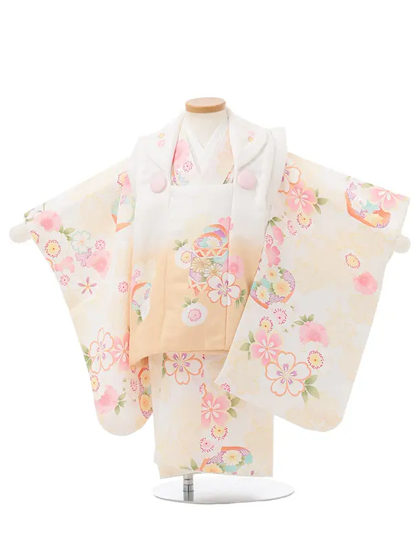 七五三レンタル(2歳女被布)S243 白ぼかし オレンジ × 桜