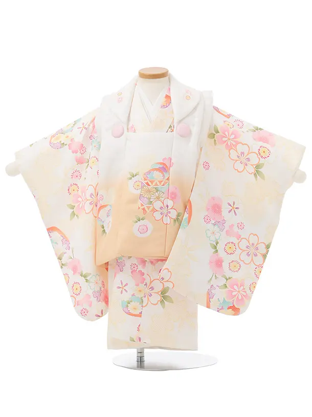 七五三レンタル(2歳女被布)S244 白ぼかし オレンジ × 桜