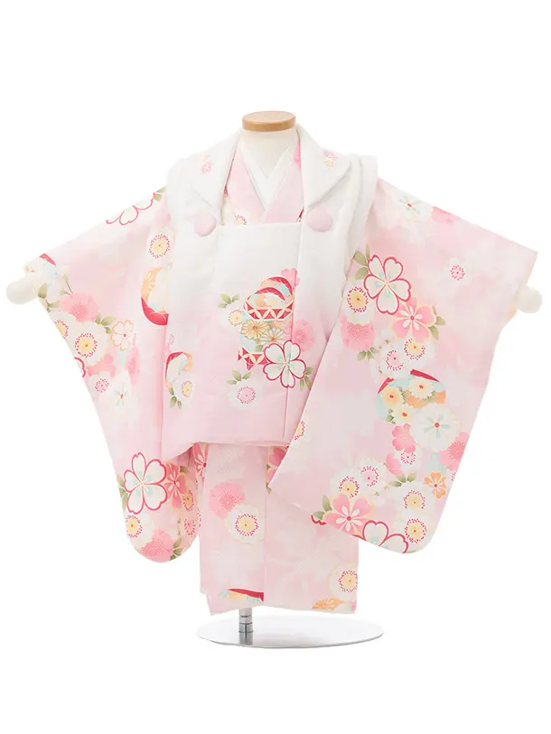 七五三レンタル(2歳女被布)S246 白ぼかし ピンク × 桜