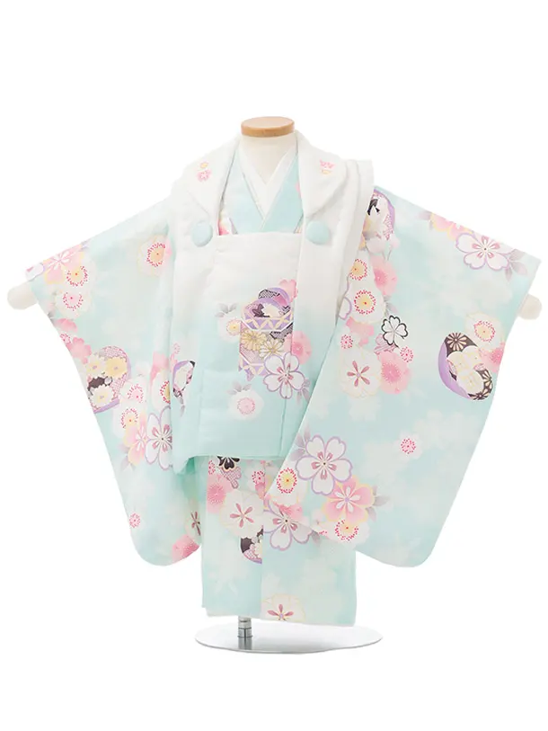 七五三レンタル(2歳女被布)S247 白ぼかし ミントブルー× 桜