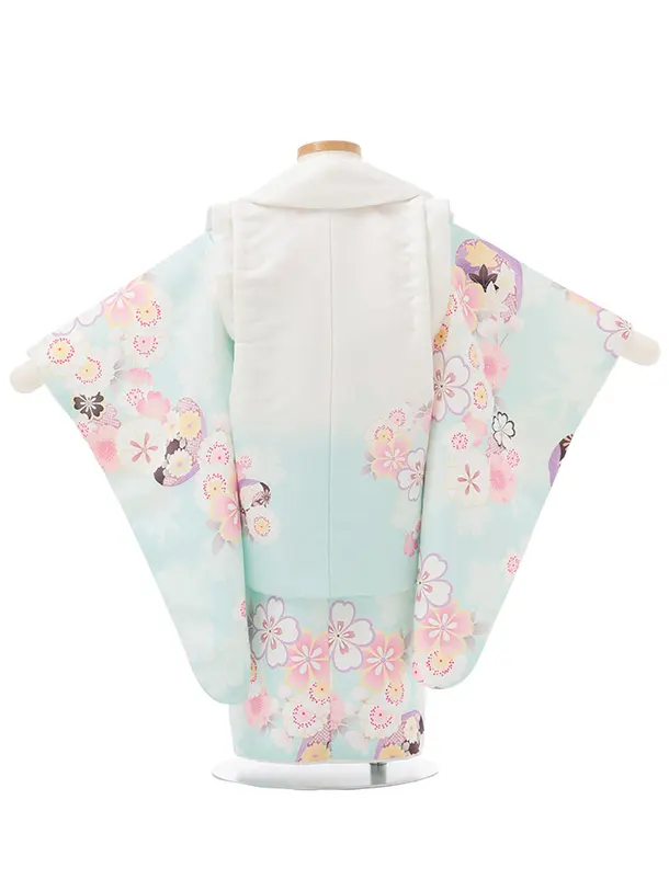 七五三レンタル(2歳女被布)S247 白ぼかし ミントブルー× 桜