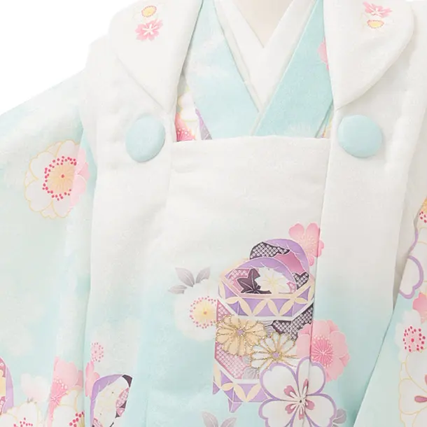 七五三レンタル(2歳女被布)S247 白ぼかし ミントブルー× 桜