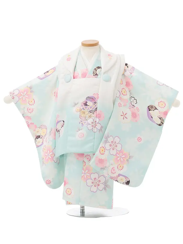 七五三レンタル(2歳女被布)S248 白ぼかし ミントブルー× 桜
