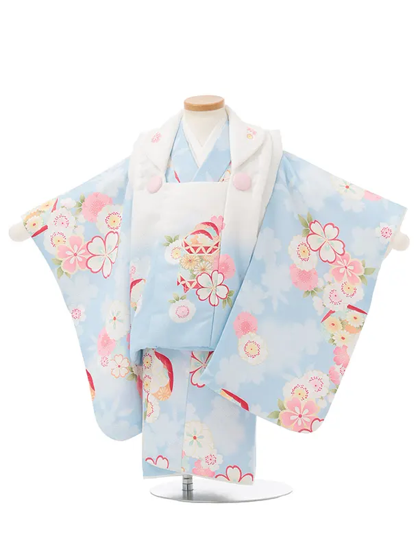 七五三レンタル(2歳女被布)S249 白ぼかし 水色 × 桜