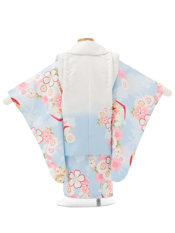 七五三レンタル(2歳女被布)S249 白ぼかし 水色 × 桜