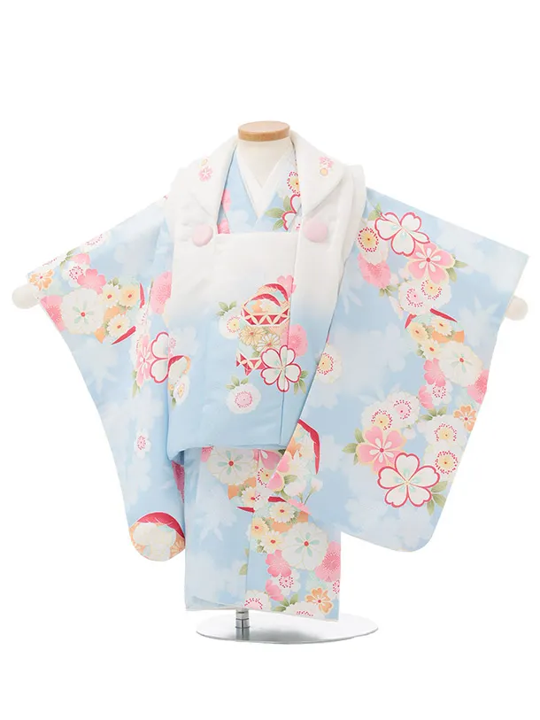 七五三レンタル(2歳女被布)S250 白ぼかし 水色 × 桜