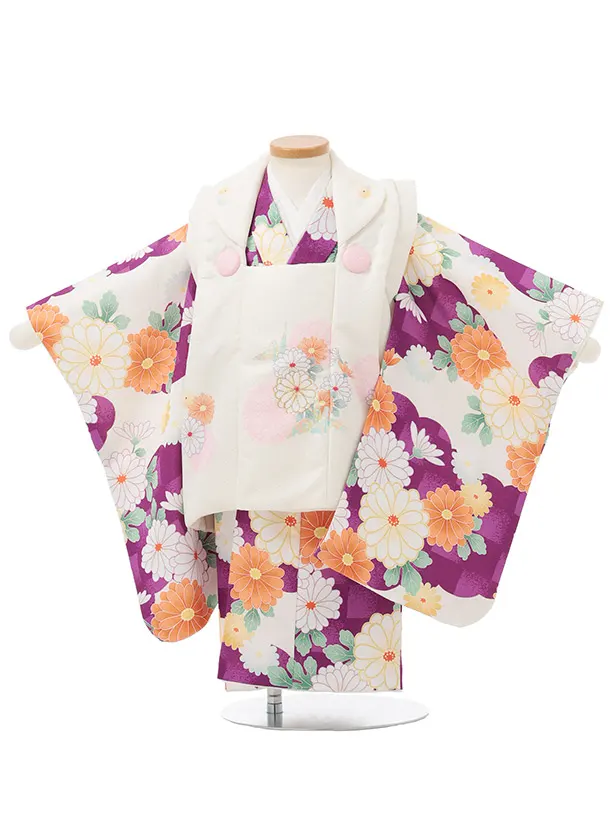 七五三レンタル(2歳女被布)S252 アイボリー × パープル 市松 菊