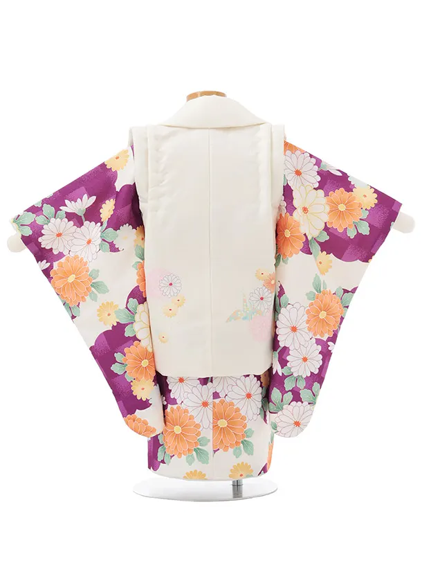 七五三レンタル(2歳女被布)S252 アイボリー × パープル 市松 菊