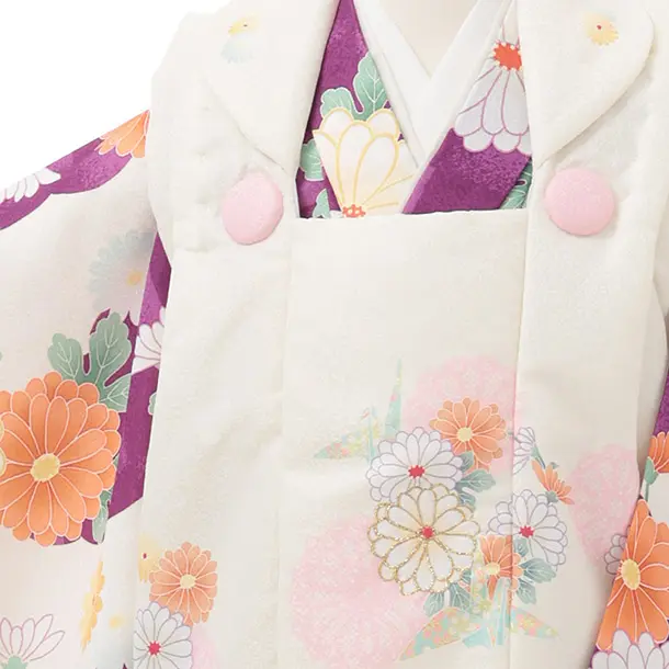 七五三レンタル(2歳女被布)S252 アイボリー × パープル 市松 菊