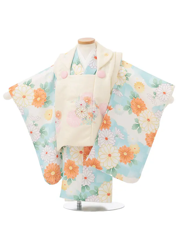 七五三レンタル(2歳女被布)S253 薄黄 × 水色 市松 菊