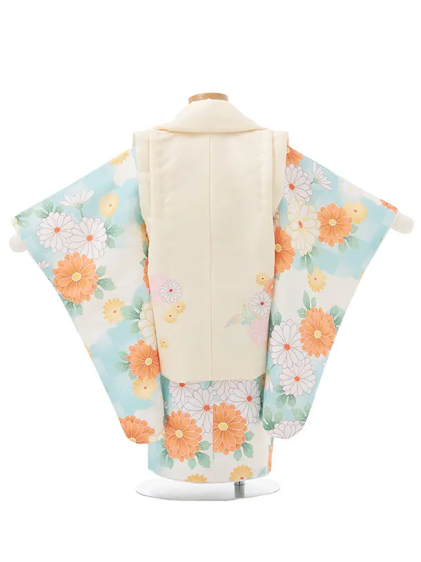 七五三レンタル(2歳女被布)S253 薄黄 × 水色 市松 菊