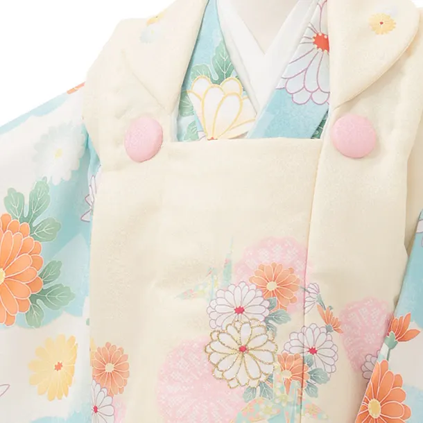 七五三レンタル(2歳女被布)S253 薄黄 × 水色 市松 菊