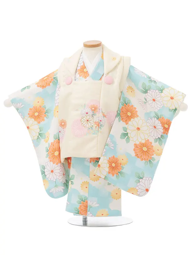 七五三レンタル(2歳女被布)S254 薄黄 × 水色 市松 菊