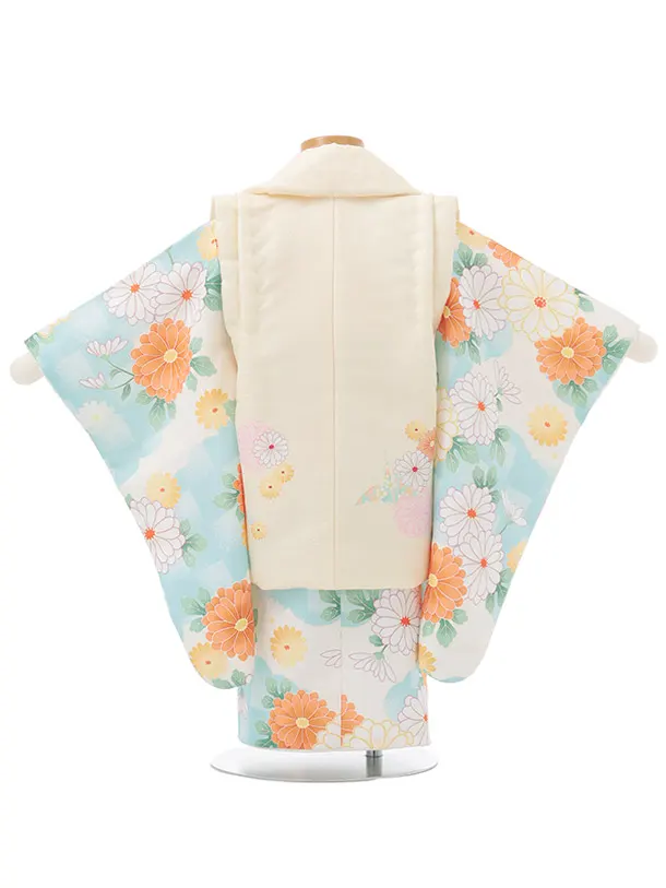 七五三レンタル(2歳女被布)S254 薄黄 × 水色 市松 菊