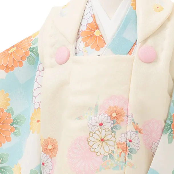 七五三レンタル(2歳女被布)S254 薄黄 × 水色 市松 菊