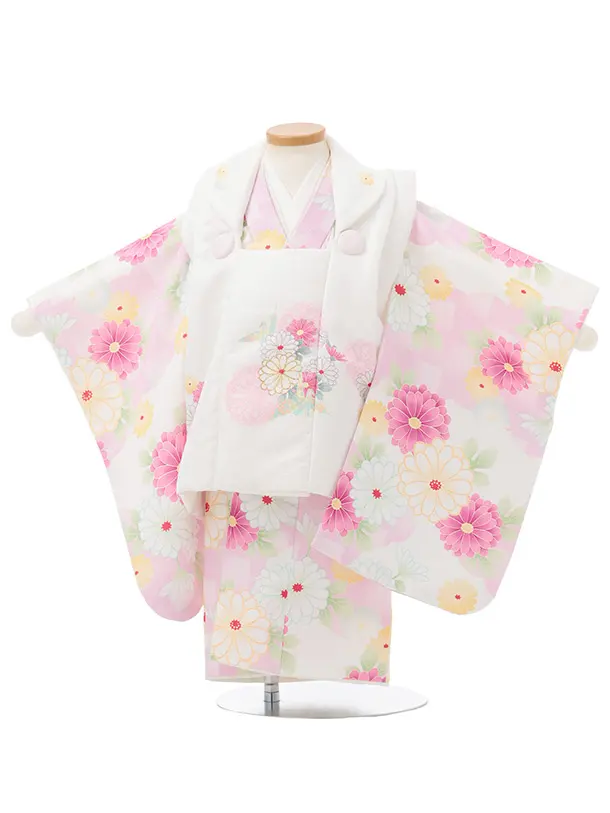 七五三レンタル(2歳女被布)S255 オフホワイト × ピンク 市松菊