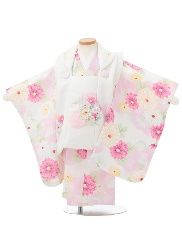 七五三レンタル(2歳女被布)S256 オフホワイト × ピンク 市松菊