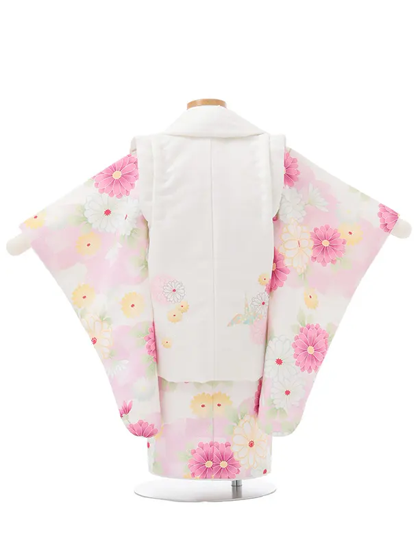 七五三レンタル(2歳女被布)S256 オフホワイト × ピンク 市松菊