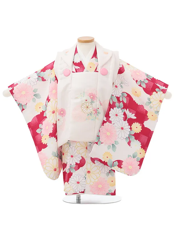 七五三レンタル(2歳女被布)S257 白 × 紅色 市松菊
