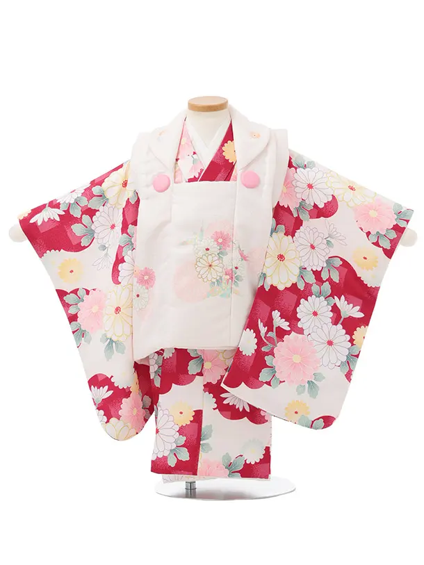 七五三レンタル(2歳女被布)S258 白 × 紅色 市松菊