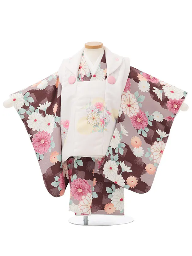 七五三レンタル(2歳女被布)S259 白 × ブラウン 市松菊