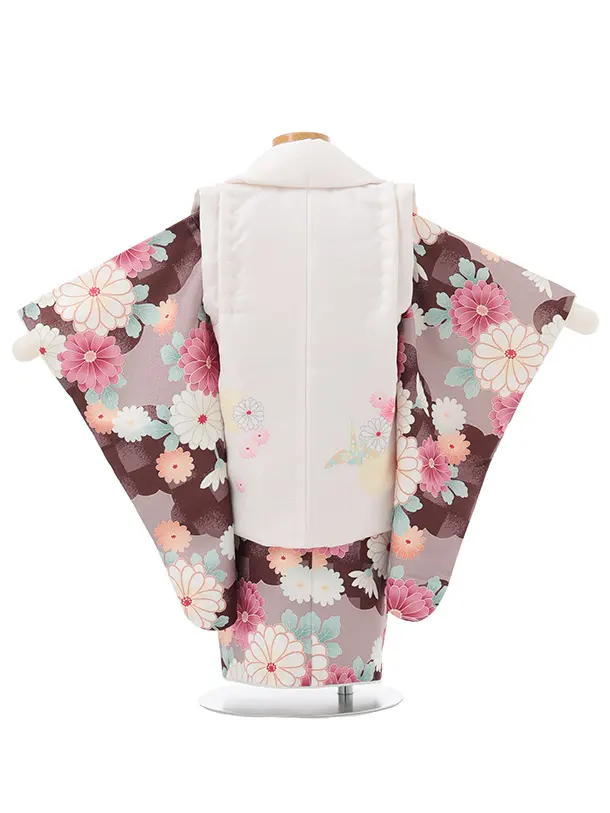七五三レンタル(2歳女被布)S259 白 × ブラウン 市松菊