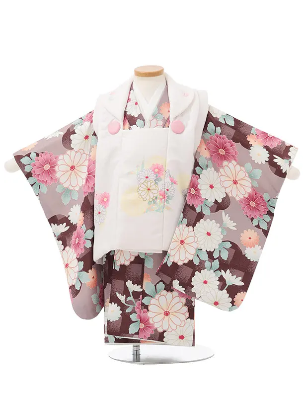 七五三レンタル(2歳女被布)S260 白 × ブラウン 市松菊