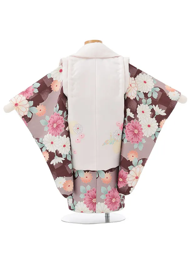 七五三レンタル(2歳女被布)S260 白 × ブラウン 市松菊