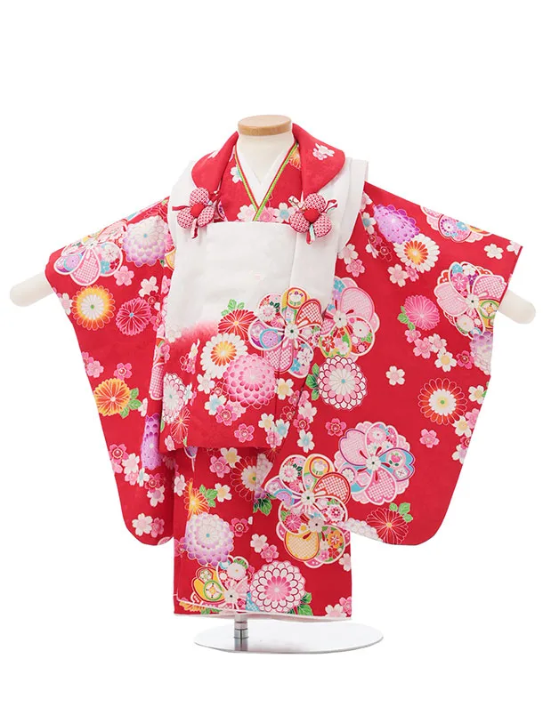 七五三レンタル(2歳女被布)S261 白 × 赤 ねじり梅 菊