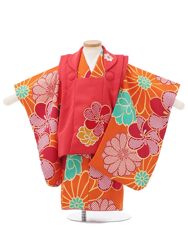 七五三レンタル(2歳女被布)S263 花わらべ 赤 × オレンジ 梅菊