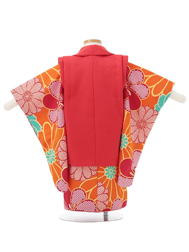 七五三レンタル(2歳女被布)S263 花わらべ 赤 × オレンジ 梅菊