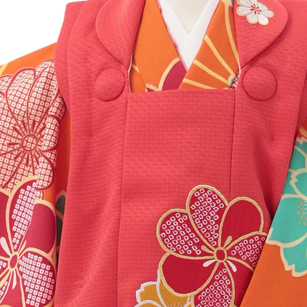 七五三レンタル(2歳女被布)S263 花わらべ 赤 × オレンジ 梅菊