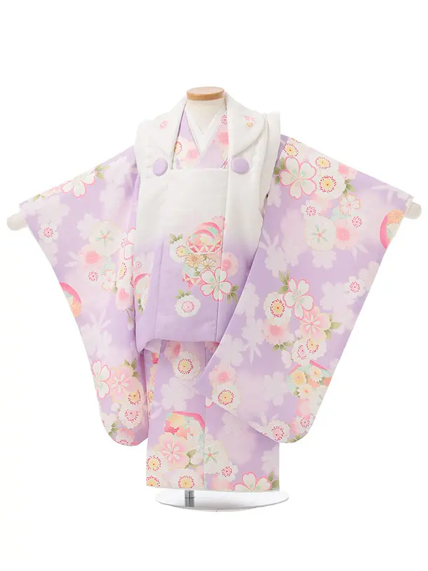 七五三レンタル(3歳女児被布)S264 白ぼかし パープル×桜
