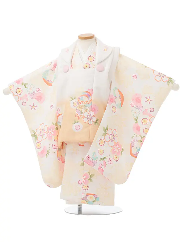 七五三レンタル(3歳女児被布)S266 白ぼかし オレンジ×桜
