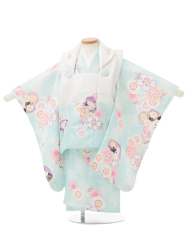 七五三レンタル(3歳女児被布)S270 白ぼかし ミントブルー×桜