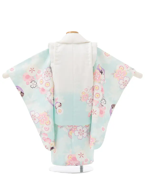 七五三レンタル(3歳女児被布)S270 白ぼかし ミントブルー×桜