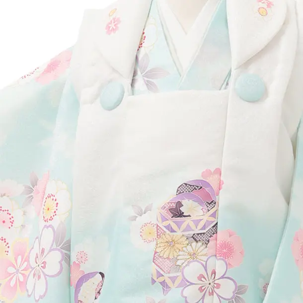 七五三レンタル(3歳女児被布)S270 白ぼかし ミントブルー×桜