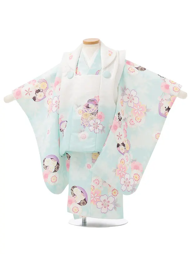 七五三レンタル(3歳女児被布)S271 白ぼかし ミントブルー×桜