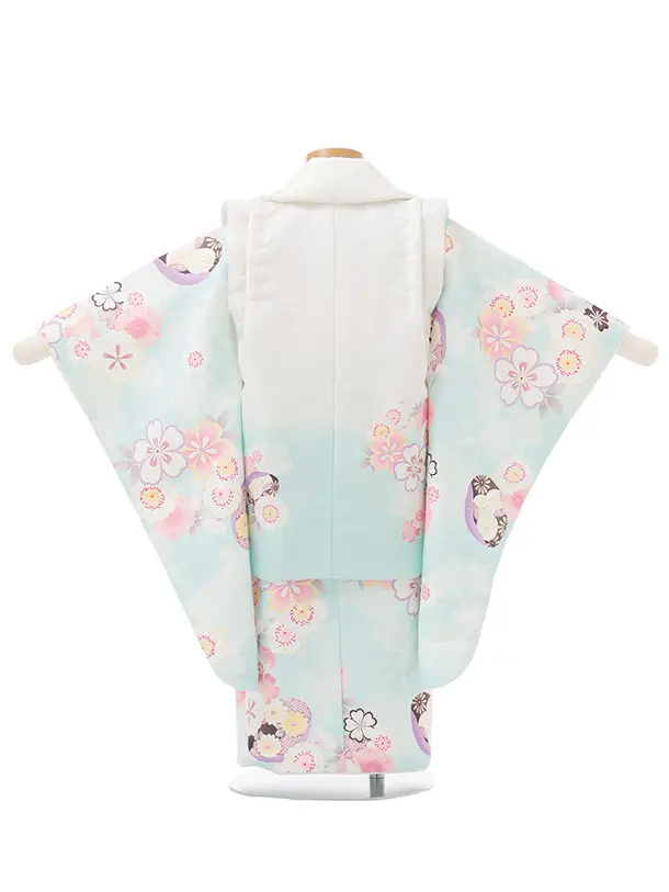 七五三レンタル(3歳女児被布)S271 白ぼかし ミントブルー×桜