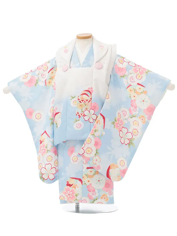 七五三レンタル(3歳女児被布)S272 白ぼかし 水色×桜