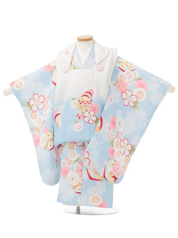 七五三レンタル(3歳女児被布)S273 白ぼかし 水色×桜