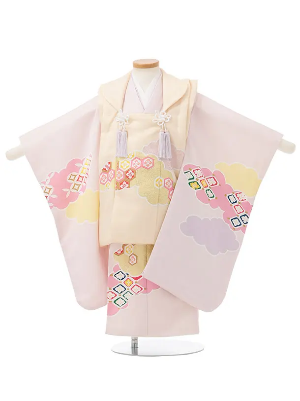 七五三(3歳女児被布)S282 卵色×ピンク 雲取り