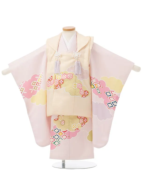 七五三(3歳女児被布)S282 卵色×ピンク 雲取り